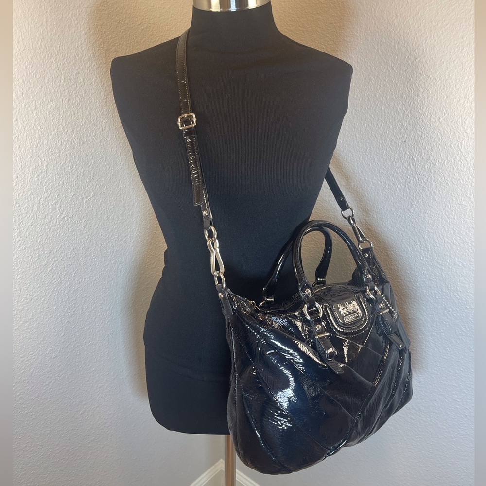 Coach Madison Diagonal Pleated Patent Leather Juliette Satchel Black Bag 21304 - Picture 1 of 13